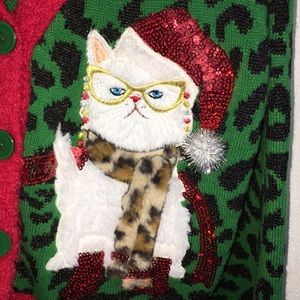 Fuzzy Christmas Cat Button Front Cardigan Sweater